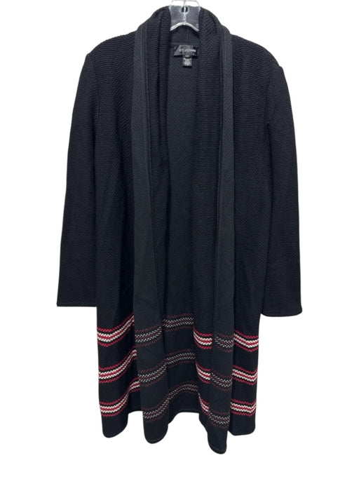St. John Size S Black & Red Wool Blend Knit Open Front Cardigan Duster Sweater Black & Red / S