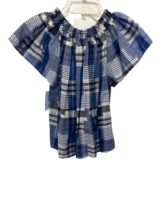 Ulla Johnson Size 2 Blue & White Cotton Plaid Elastic Neck Top Blue & White / 2