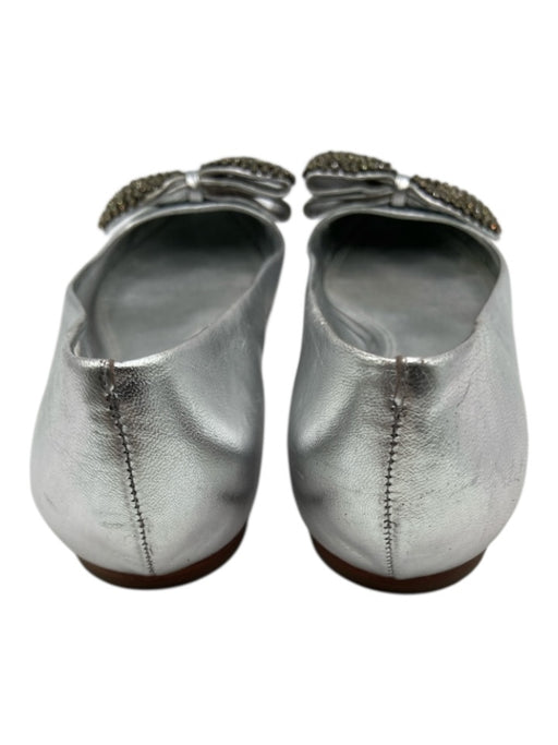 Tory Burch Shoe Size 8 Silver Leather Upper Metallic Bow Detail Flats Silver / 8