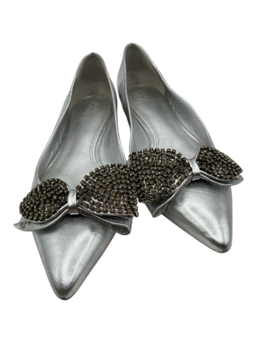 Tory Burch Shoe Size 8 Silver Leather Upper Metallic Bow Detail Flats Silver / 8