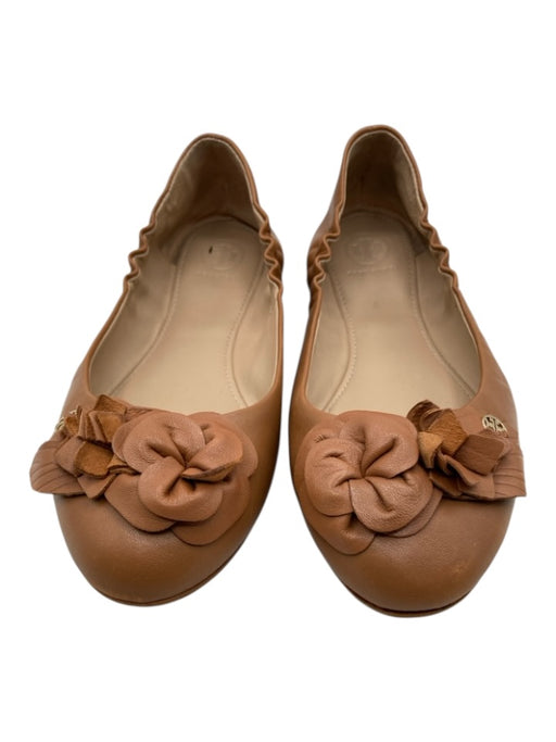 Tory Burch Shoe Size 8 Tan Leather Upper Flower Applique Elastic Sides Flats Tan / 8