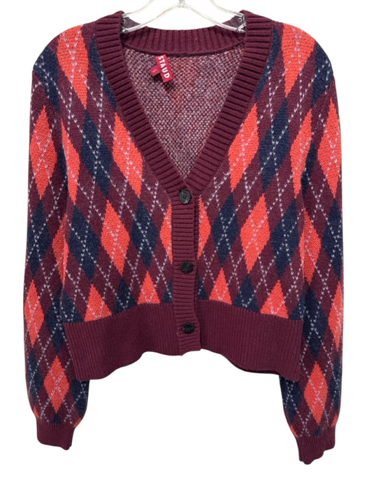 Staud Size S Burgundy & multi Wool Blend Knit Argyle Button Front Sweater Burgundy & multi / S