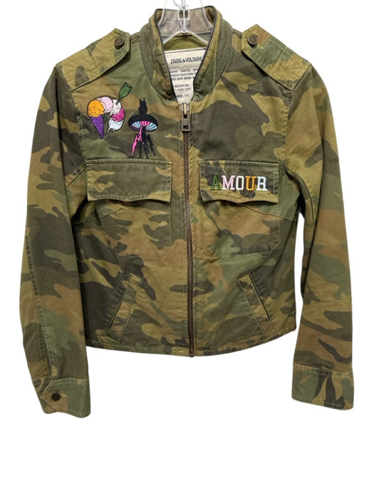 Zadig & Voltaire Size XS Army green & Multi Cotton Camo Zip Front Utility Jacket Army green & Multi / XS