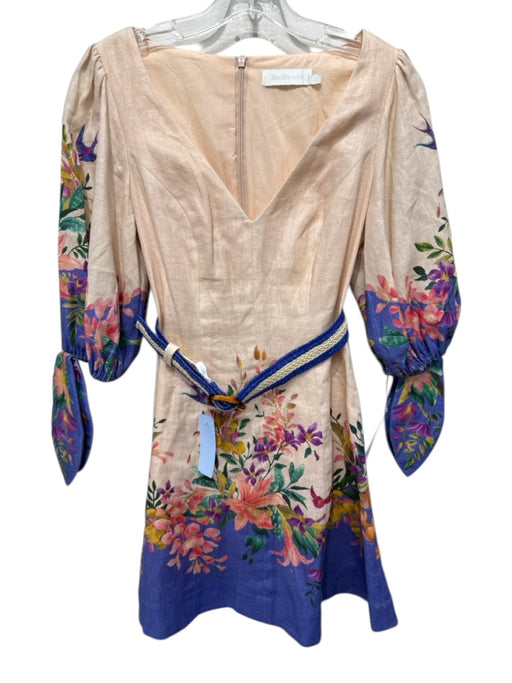 Zimmermann Size 0 Beige Pink & Multi Linen Floral V Neck Short Puff Sleeve Dress Beige Pink & Multi / 0