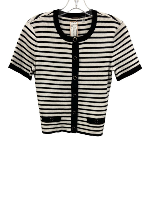 Elie Tahari Size M White & Black Viscose Blend Short Sleeve Striped Buttons Top White & Black / M