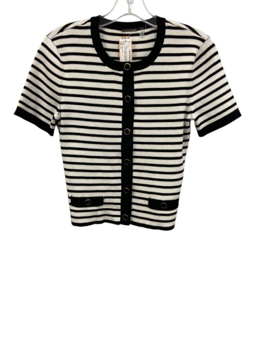 Elie Tahari Size M White & Black Viscose Blend Short Sleeve Striped Buttons Top White & Black / M