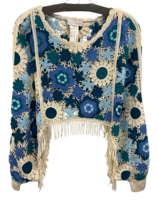 House of Harlow Size One Size White & Blue Acrylic Knit Floral Tassels Crop Top White & Blue / One Size