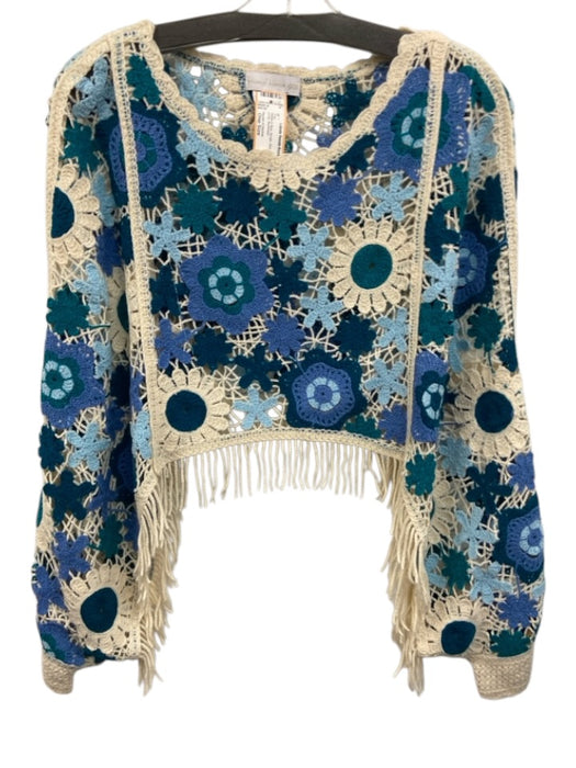 House of Harlow Size One Size White & Blue Acrylic Knit Floral Tassels Crop Top White & Blue / One Size