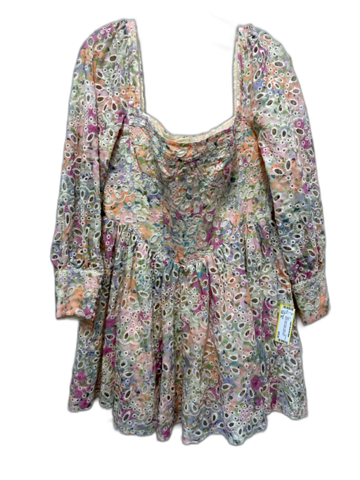 Bardot Size XL Yellow, Pink & Green Cotton Long Sleeve Floral eyelet Dress Yellow, Pink & Green / XL
