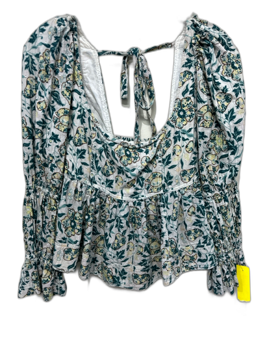 Pilcro Size L Gray, Green & Yellow Cotton Short Balloon Sleeve Peplum Top Gray, Green & Yellow / L
