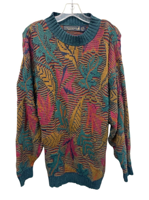 Crossings Size L Teal, Red & Orange Cotton Knit Botanical Ribbed Hem Sweater Teal, Red & Orange / L