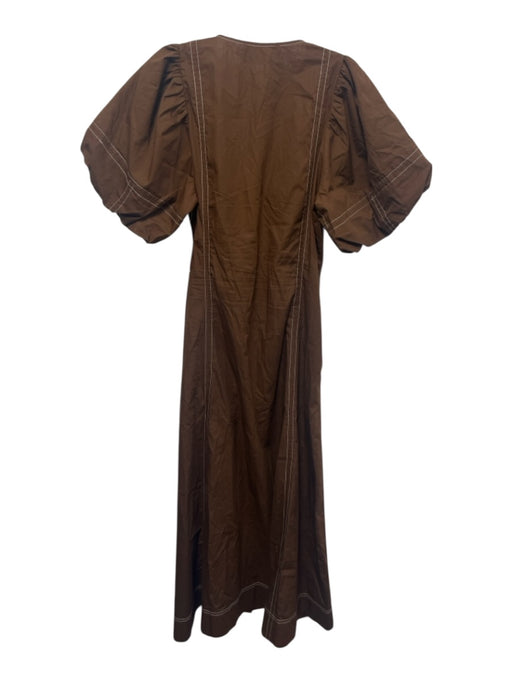 Exquise Size M Brown & White Cotton Contrast Stitch 1/2 Puff Sleeve Dress Brown & White / M