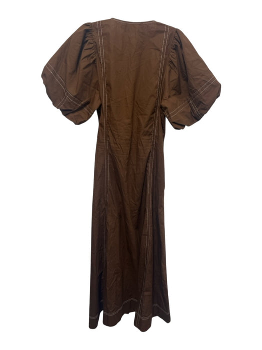 Exquise Size M Brown & White Cotton Contrast Stitch 1/2 Puff Sleeve Dress Brown & White / M
