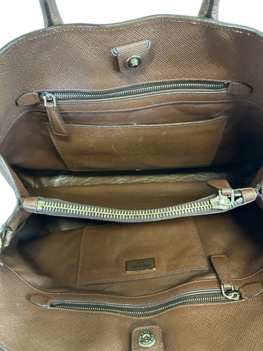 Prada Brown Saffiano Leather Gold hardware Snap Top Tote Bag Brown / M/L