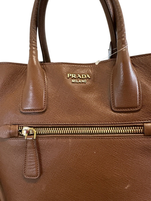 Prada Brown Saffiano Leather Gold hardware Snap Top Tote Bag Brown / M/L