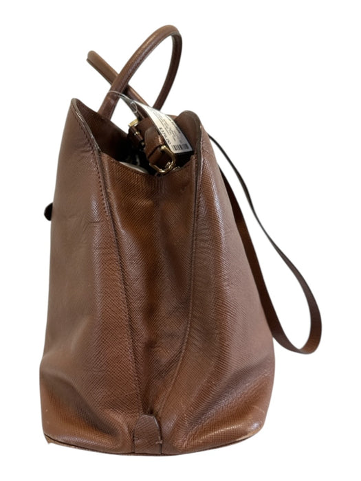 Prada Brown Saffiano Leather Gold hardware Snap Top Tote Bag Brown / M/L