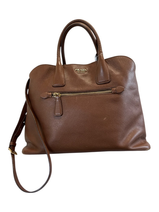 Prada Brown Saffiano Leather Gold hardware Snap Top Tote Bag Brown / M/L