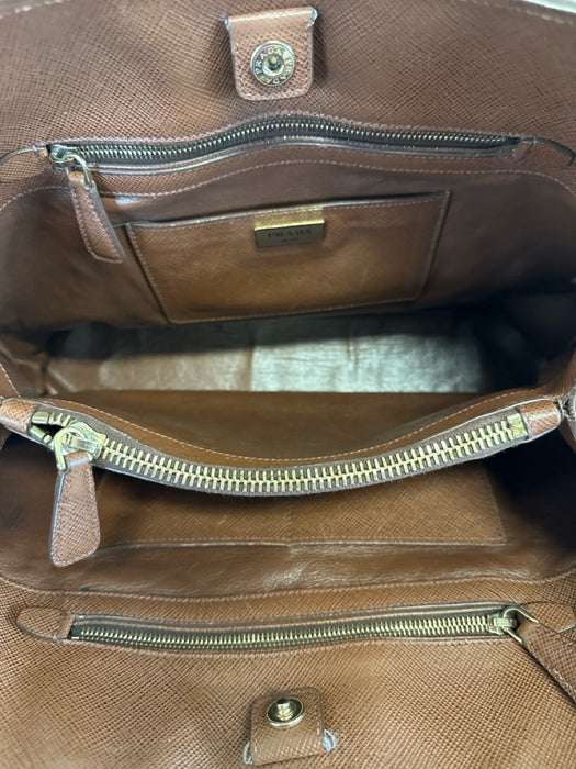 Prada Brown Saffiano Leather Gold hardware Snap Top Tote Bag Brown / M/L