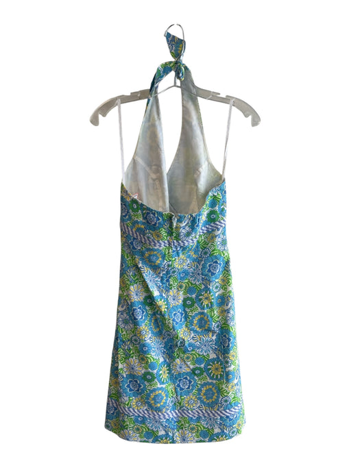 Lily Pulitzer Size 6 Blue & Green Cotton Halter Top Floral Print Back Zip Dress Blue & Green / 6
