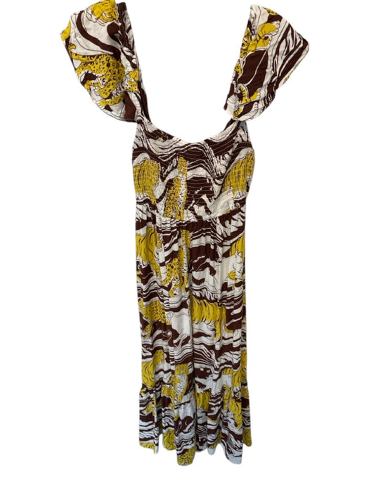 Anthropologie Size M Brown & Yellow Cotton Maxi Animal Print Smock Neck Dress Brown & Yellow / M
