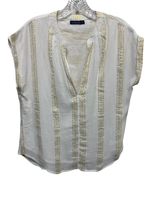La Plage Size S White & Gold Cotton Striped Metallic Thread Cap Sleeve Top White & Gold / S