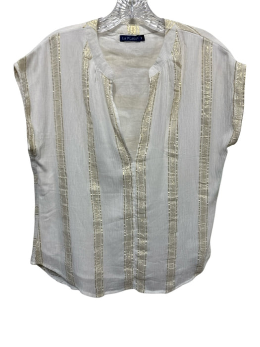 La Plage Size S White & Gold Cotton Striped Metallic Thread Cap Sleeve Top White & Gold / S