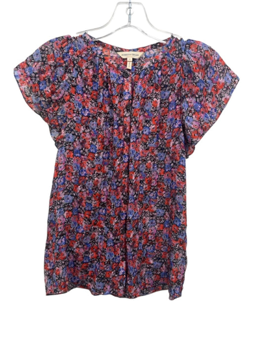 Rebecca Taylor Size XS Blue, Red & Black Silk & Cotton Floral Semi Sheer Top Blue, Red & Black / XS