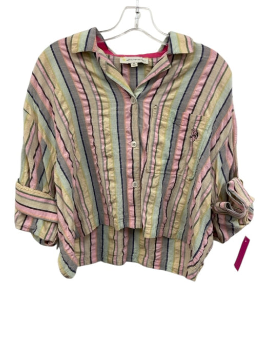 Kerri Rosenthal Size XS Pink & Multi Cotton Striped 3/4 Sleeve Button Front Top Pink & Multi / XS