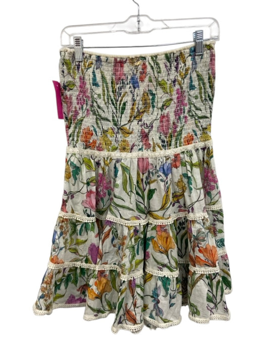 PQ Swimwear Size M/L Cream Beige & Multi Cotton Floral Shirred Bodice Dress Cream Beige & Multi / M/L
