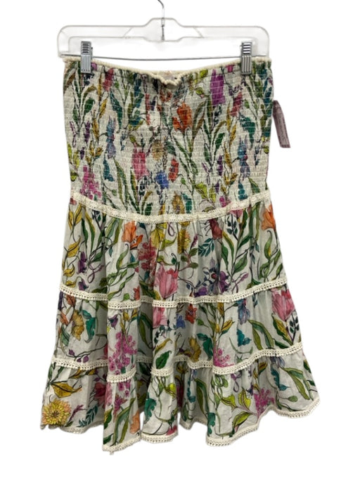 PQ Swimwear Size M/L Cream Beige & Multi Cotton Floral Shirred Bodice Dress Cream Beige & Multi / M/L