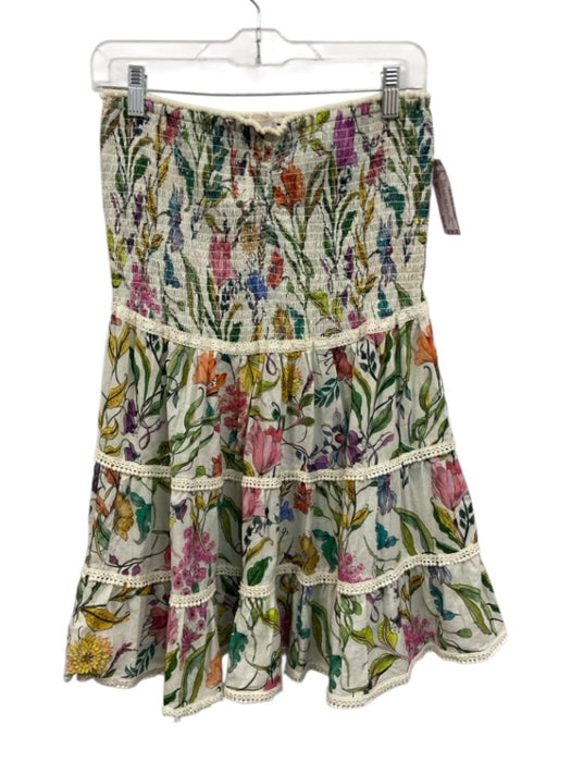 PQ Swimwear Size M/L Cream Beige & Multi Cotton Floral Shirred Bodice Dress Cream Beige & Multi / M/L