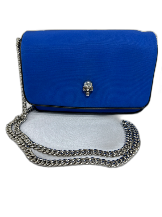 Alexander McQueen Blue & Black Faille Skull Silver Tone Hardware Chain Strap Bag Blue & Black