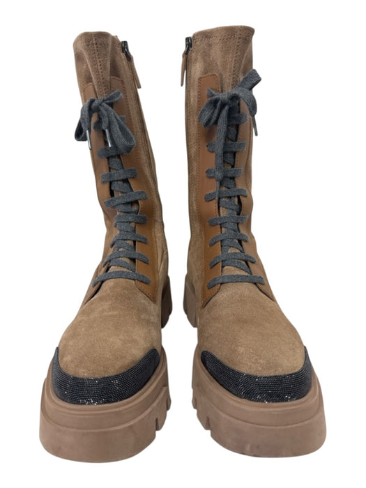 Brunello Cucinelli Shoe Size 41 Light Brown & Gray Suede Lace Up Zip Up Boots Light Brown & Gray / 41