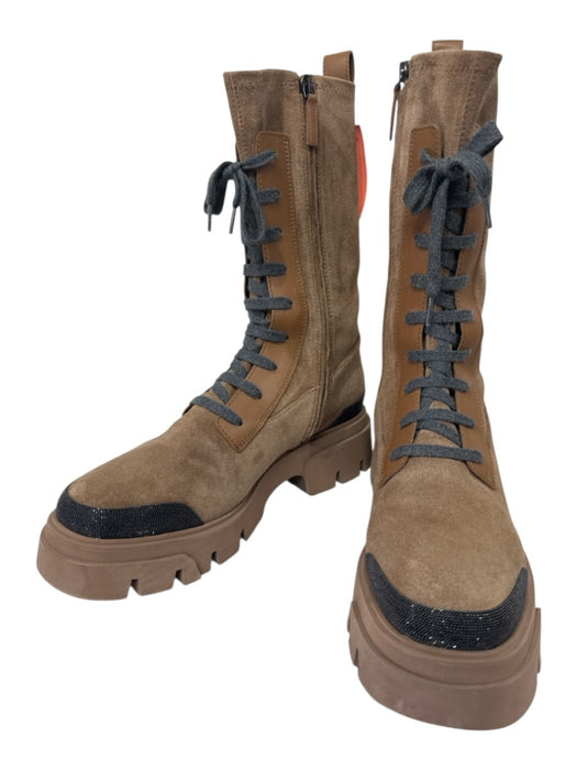 Brunello Cucinelli Shoe Size 41 Light Brown & Gray Suede Lace Up Zip Up Boots Light Brown & Gray / 41