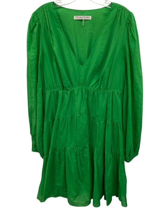 Trina Turk Size L Green Cotton Gathered V Neck Mini Dress Green / L