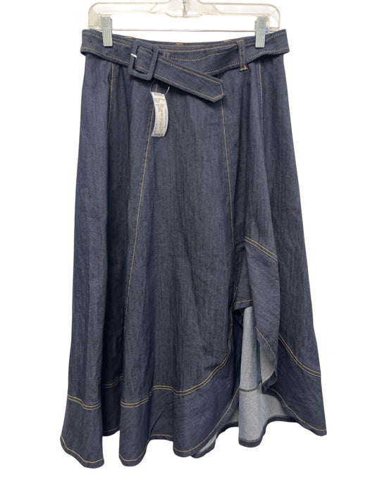 Cinq a Sept Size 8 Indigo Blue Cotton Blend Denim Asymmetic Belted Midi Skirt Indigo Blue / 8