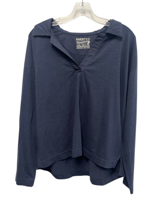 Faherty Size L Navy Blue Organic Cotton V Neck Collar Long Sleeve Top Navy Blue / L