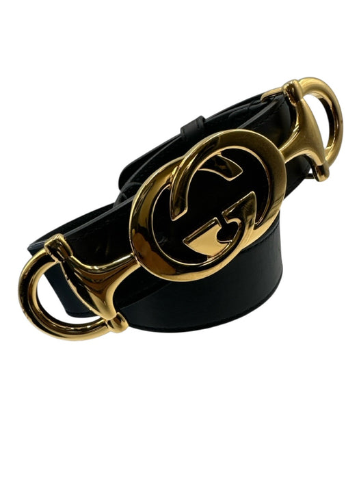 Gucci Black Leather Gold Tone Hardware GG Horsebit Peg Buckle Belts Black / 38