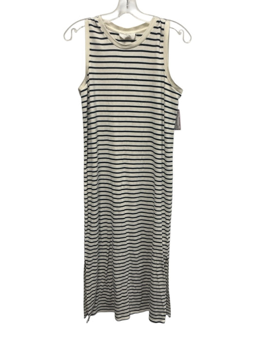 Pomander Place Size M Cream White & Navy Blue Cotton Blend Striped Midi Dress Cream White & Navy Blue / M