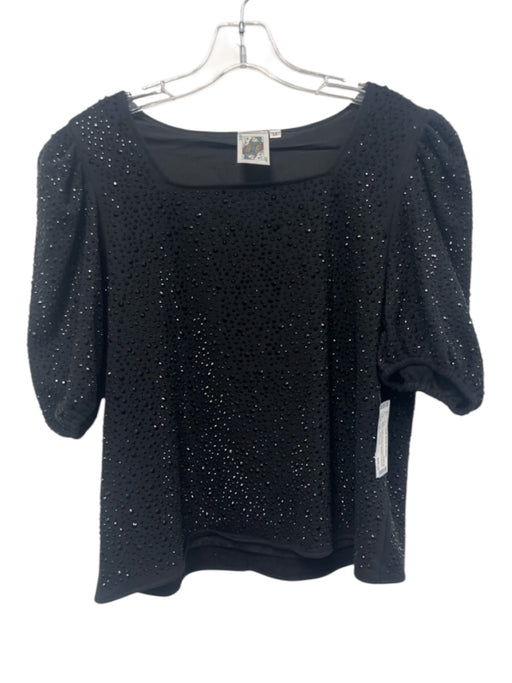 Queen of Sparkles Size M Black Cotton Blend Rhinestone 1/2 Puff Sleeve Top Black / M