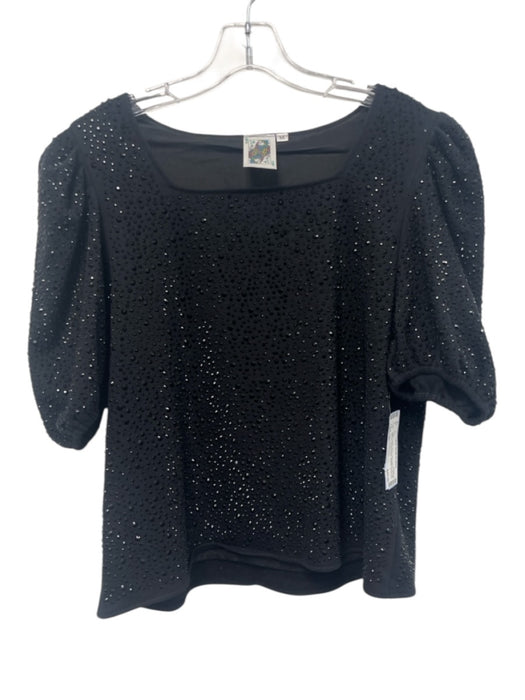 Queen of Sparkles Size M Black Cotton Blend Rhinestone 1/2 Puff Sleeve Top Black / M