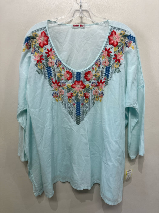 Johnny Was Size L Light Blue & Multi Cotton 3/4 Sleeve Floral Embroidery Top