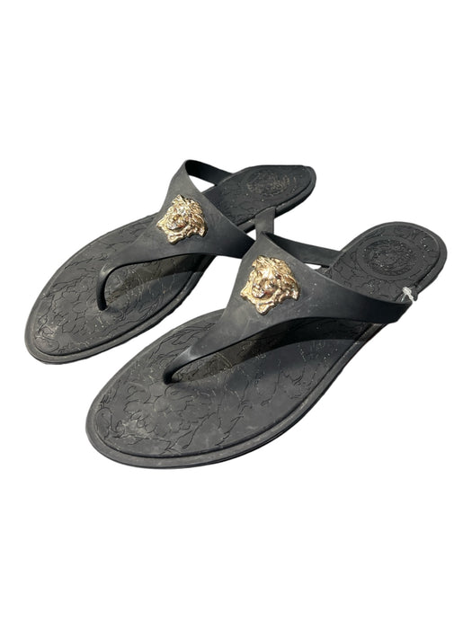 Versace Shoe Size 39 Black Rubber Thong Gold Emblem Flat Shoes Black / 39