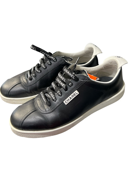 Chanel Shoe Size 39 Black Leather Round Toe Low Top Lace Up Sneaker Shoes Black / 39
