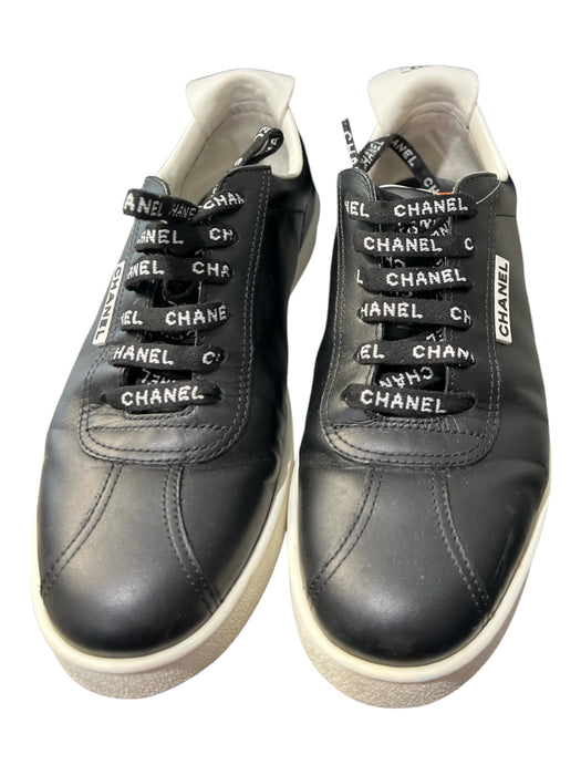 Chanel Shoe Size 39 Black Leather Round Toe Low Top Lace Up Sneaker Shoes Black / 39