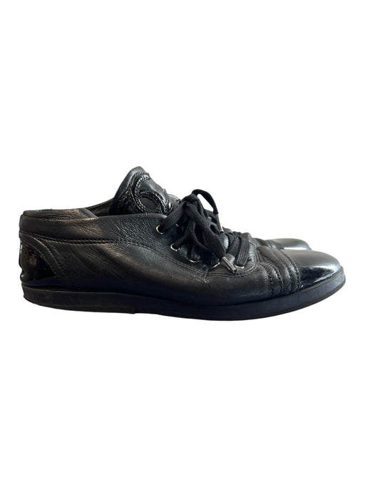 Chanel Shoe Size Est 39.5 Black Leather & Patent Leather Cap Toe lace up Shoes Black / Est 39.5