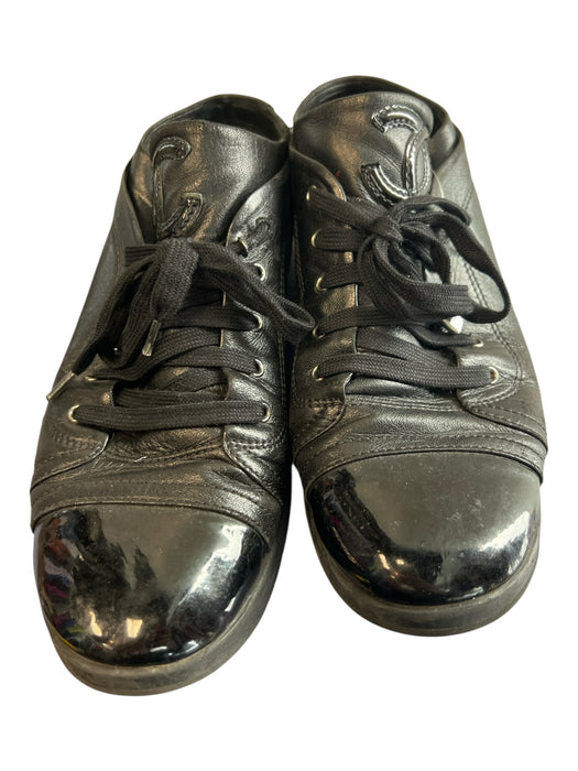 Chanel Shoe Size Est 39.5 Black Leather & Patent Leather Cap Toe lace up Shoes Black / Est 39.5