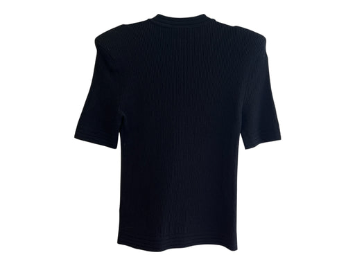 Balmain Size 42 Black Viscose Ribbed Knit Half Sleeve V Neck Grommet Top Black / 42