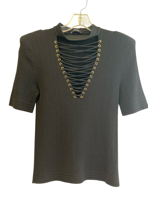 Balmain Size 42 Black Viscose Ribbed Knit Half Sleeve V Neck Grommet Top Black / 42