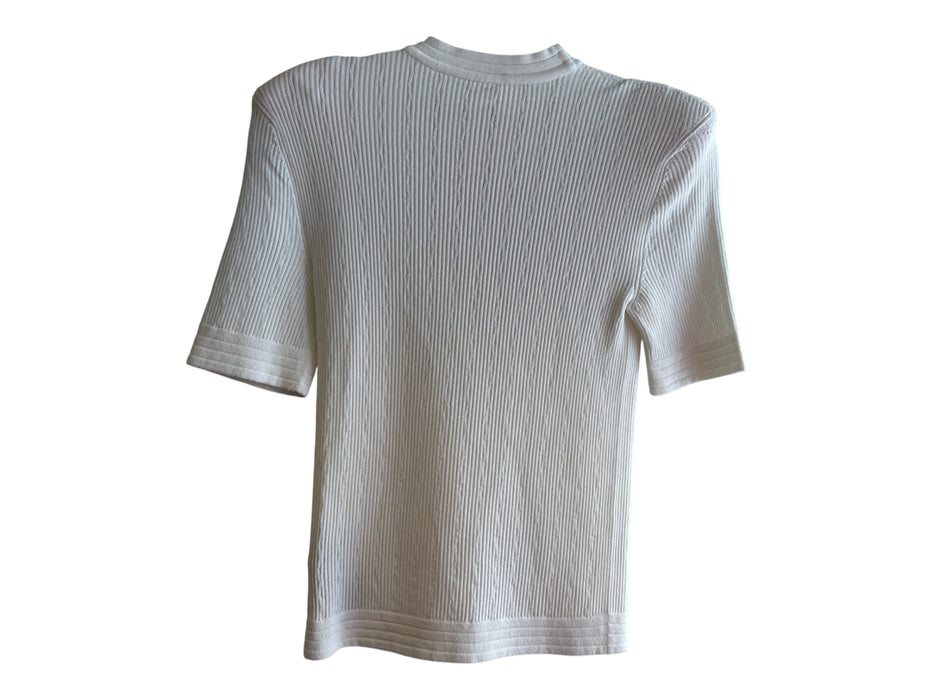 Balmain Size 38 White Viscose Ribbed Knit Half Sleeve V Neck Grommet Top White / 38